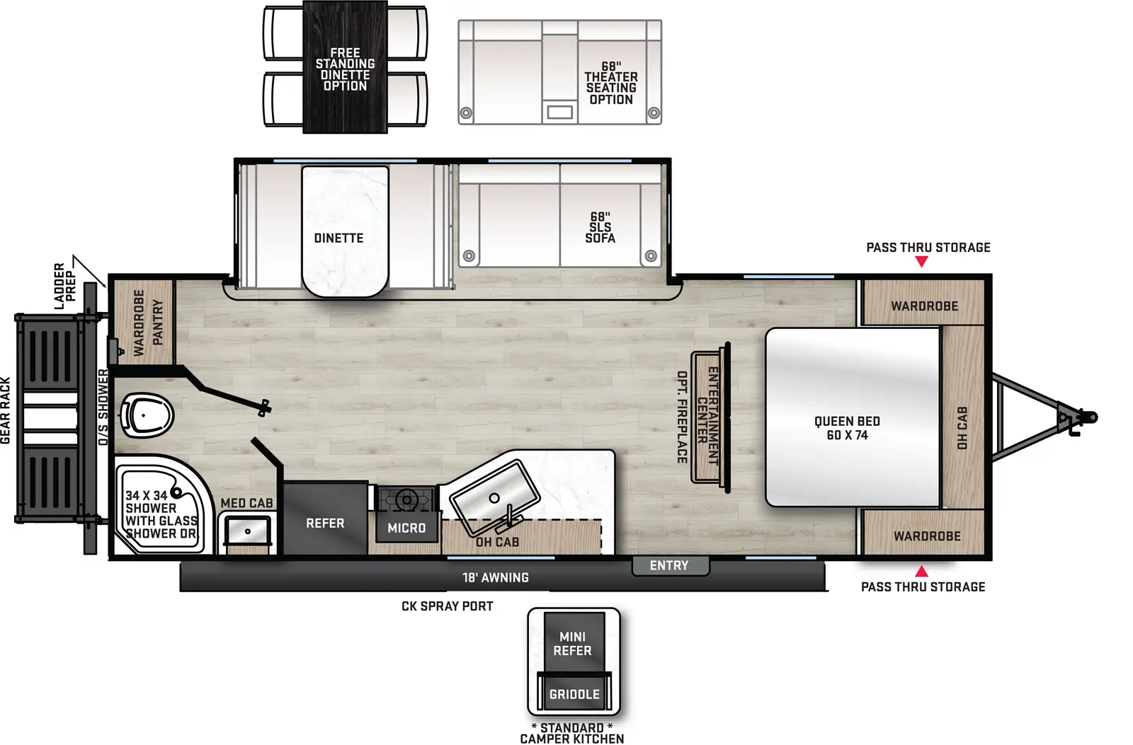 The 243RBS has one slide out and one entry. Exterior features a 15 foot awning, front pass-thru storage, outside shower, and rear cargo rack. Interior layout front to back: foot facing queen bed with overhead cabinet, and wardrobes on each side; entertainment center along inner wall; off-door side slide out with sofa and dinette; door side entry, breakfast bar, kitchen counter with sink, overhead cabinet, microwave, cooktop and refrigerator; door side full bathroom with medicine cabinet; off-door side rear pantry/wardrobe. Optional free standing dinette available in place of standard dinette. Optional fireplace available below entertainment center.